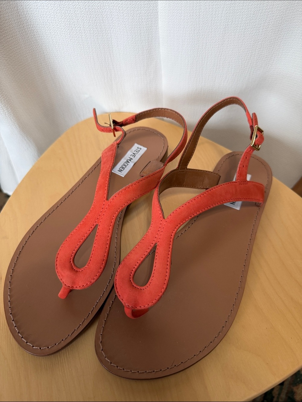 Steve Madden Coral Red Suede T-Strap Sandals